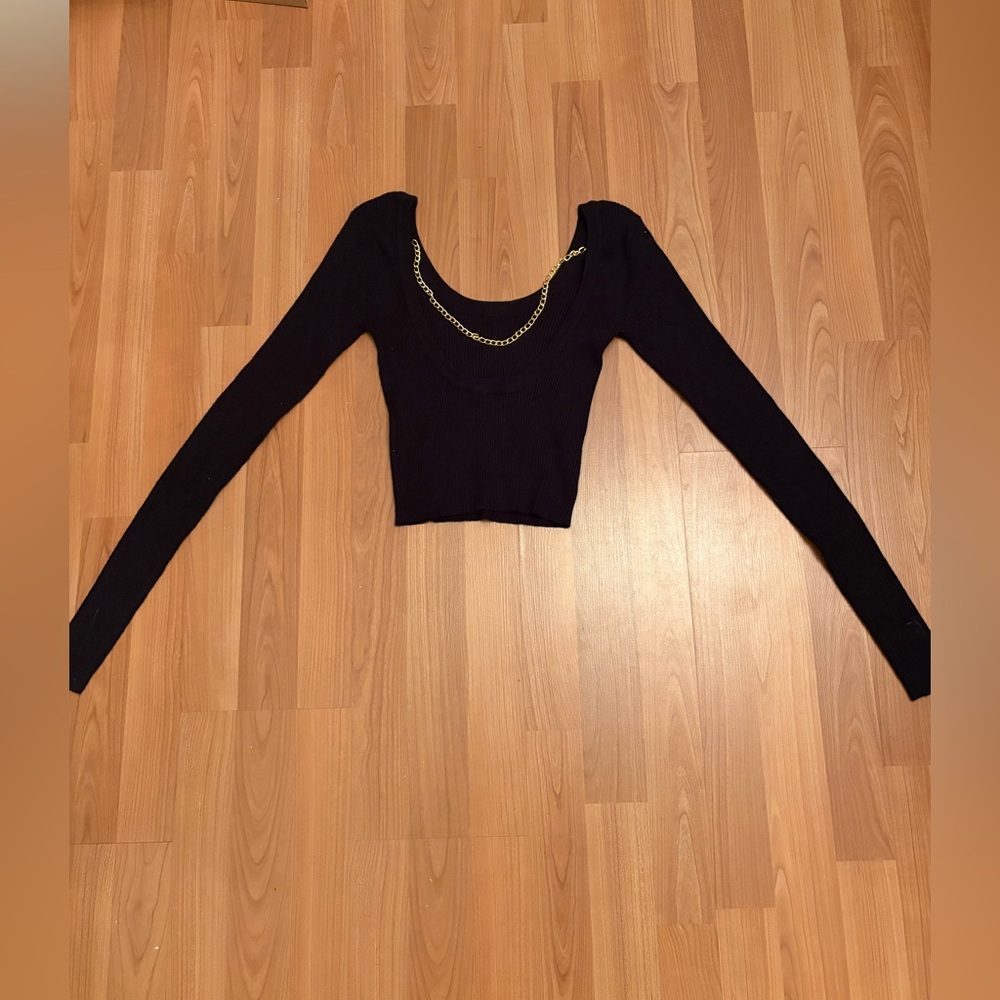 12th Tribe Black Long Sleeve Crop Top with Chain Detail size S
